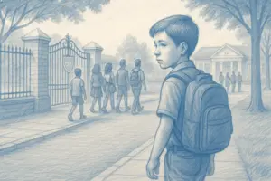 Young student isolated from the group of students walking in town