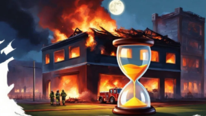 Dormitory in flames with a sand timer in the foreground