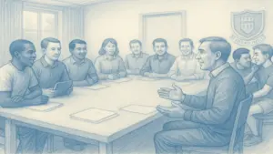 Boarding staff in a meeting with 2 younger staffers being silly in the background.