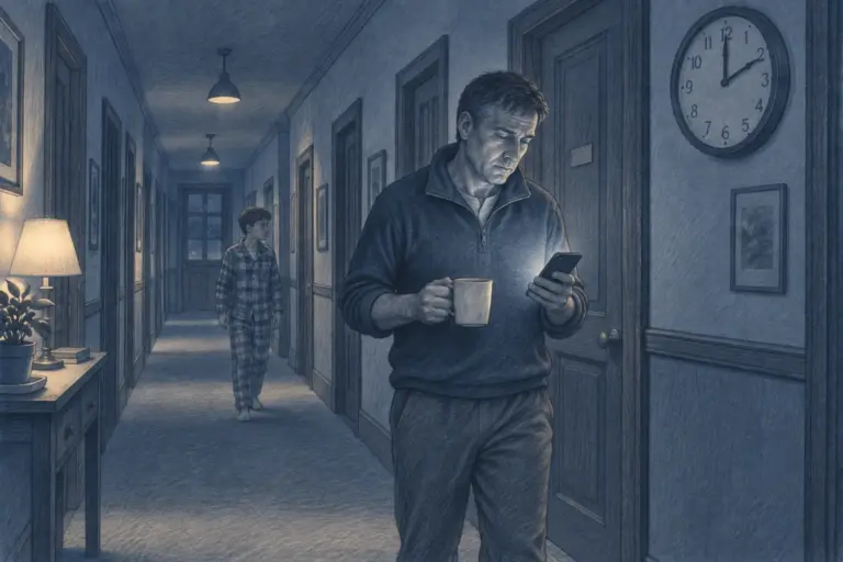 Pencil sketch of a tired houseparent in a boarding house corridor late at night
