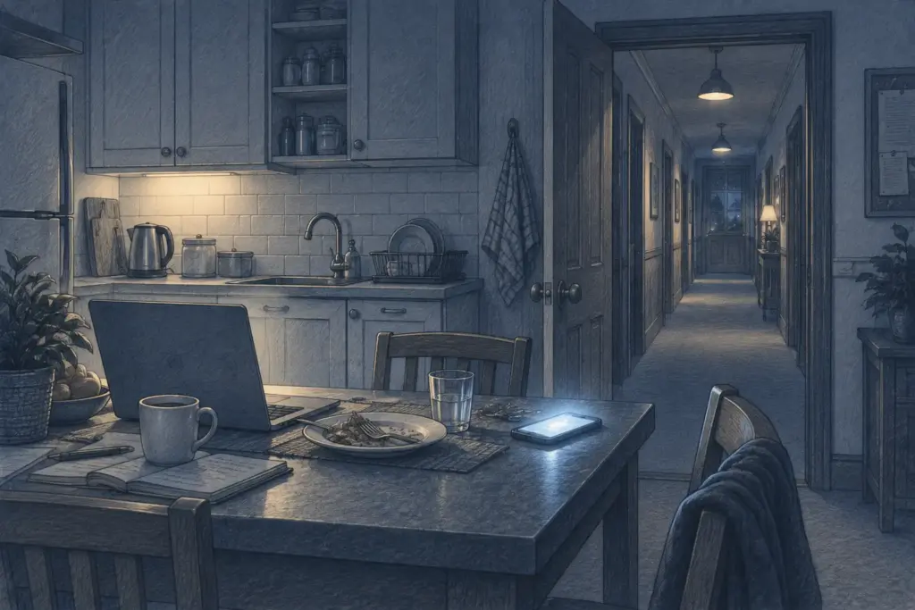 Pencil sketch of a staff flat kitchen with a phone lighting up late at night