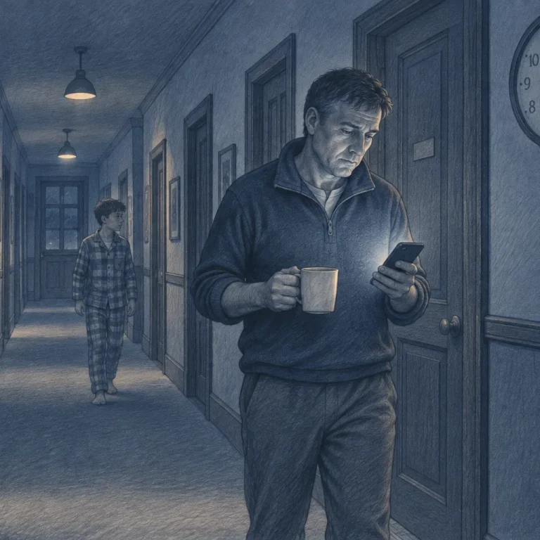 Pencil sketch of a tired houseparent in a boarding house corridor late at night